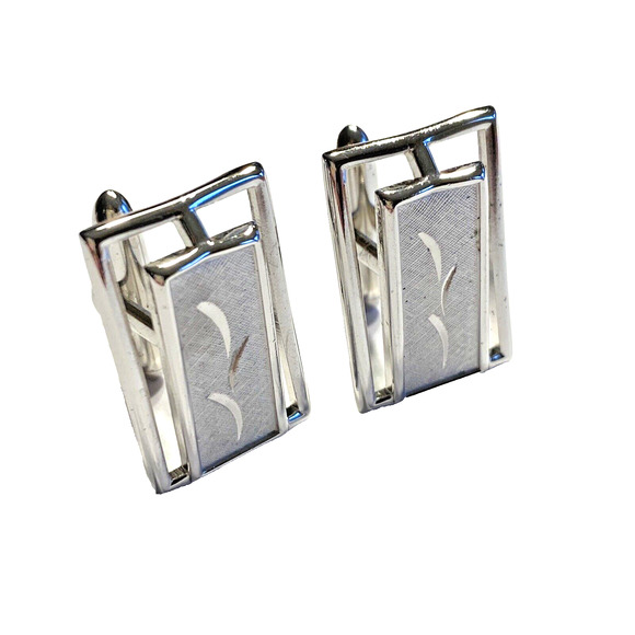 Vintage SWANK Mid Century Cuff Links Silvertone Brushed Etched Dimensional Chic - Picture 1 of 8